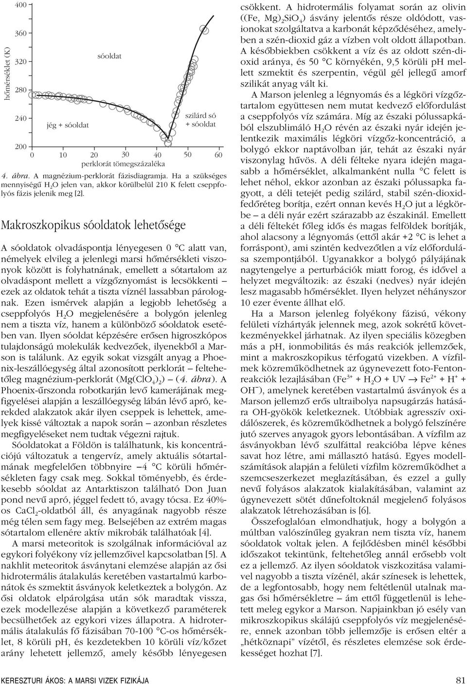 0 10 0 30 40 50 60 perklorát tömegszázaléka Makroszkopikus sóoldatok lehetôsége szilárd só + sóoldat A sóoldatok olvadáspontja lényegesen 0 C alatt van, némelyek elvileg a jelenlegi marsi