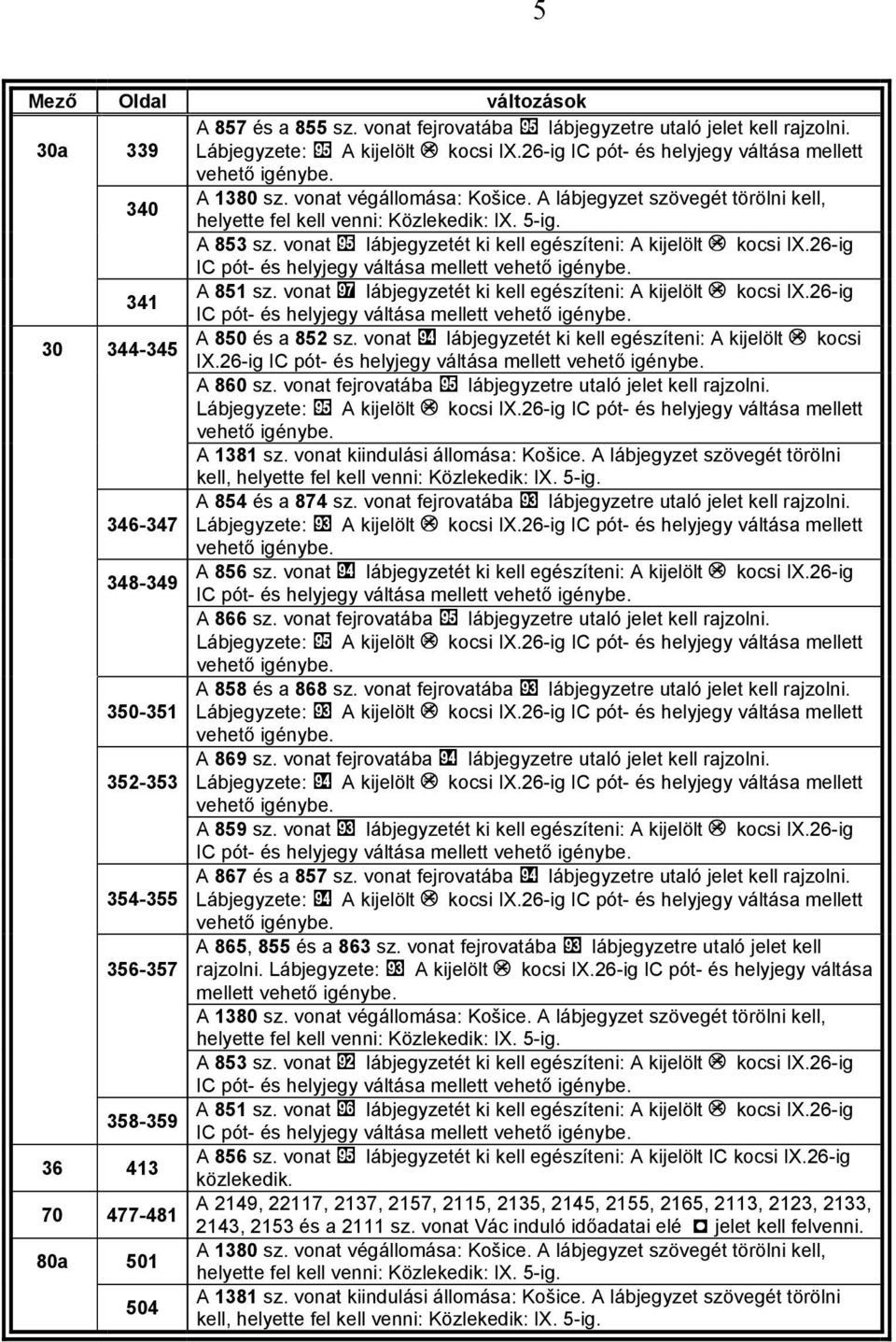 26-ig IC pót- é helyjegy váltá mellett 341 A 851 z. vont lábjegyzetét ki kell egézíteni: A kijelölt â koci IX.26-ig IC pót- é helyjegy váltá mellett 30 344-345 A 850 é 852 z.