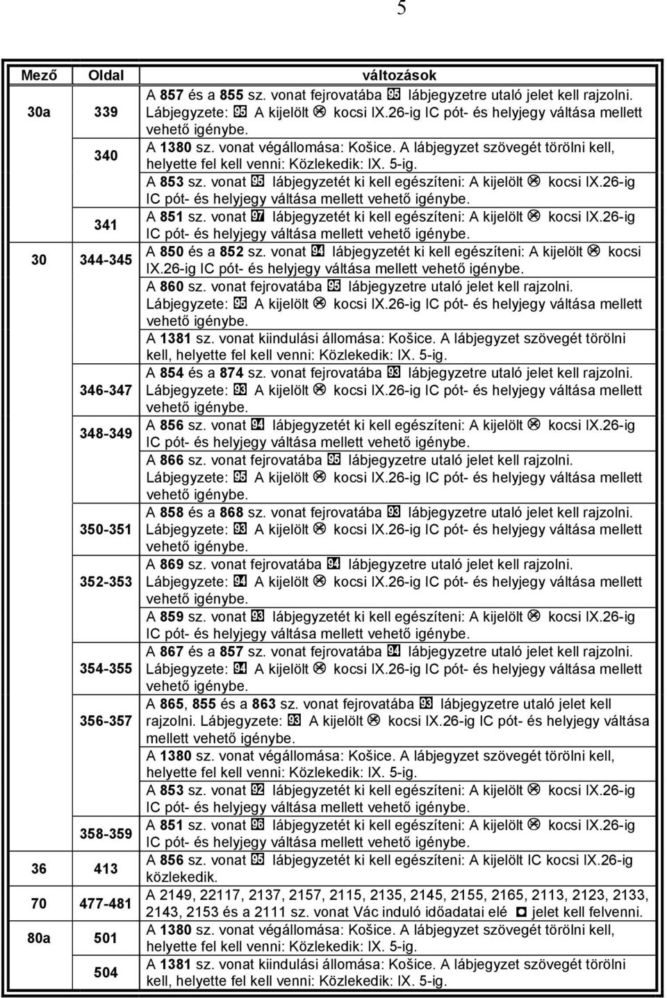 26-ig IC pót- é helyjegy váltá mellett 341 A 851 z. vont lábjegyzetét ki kell egézíteni: A kijelölt â koci IX.26-ig IC pót- é helyjegy váltá mellett 30 344-345 A 850 é 852 z.