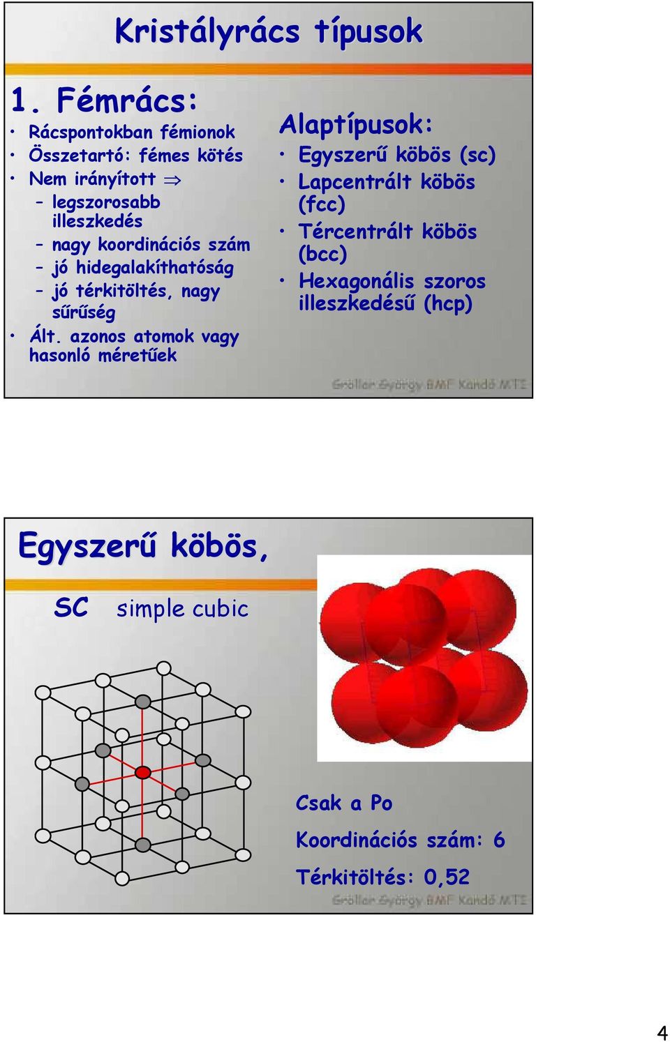 koordinációs szám jó hidegalakíthatóság jó térkitöltés, nagy sűrűség Ált.