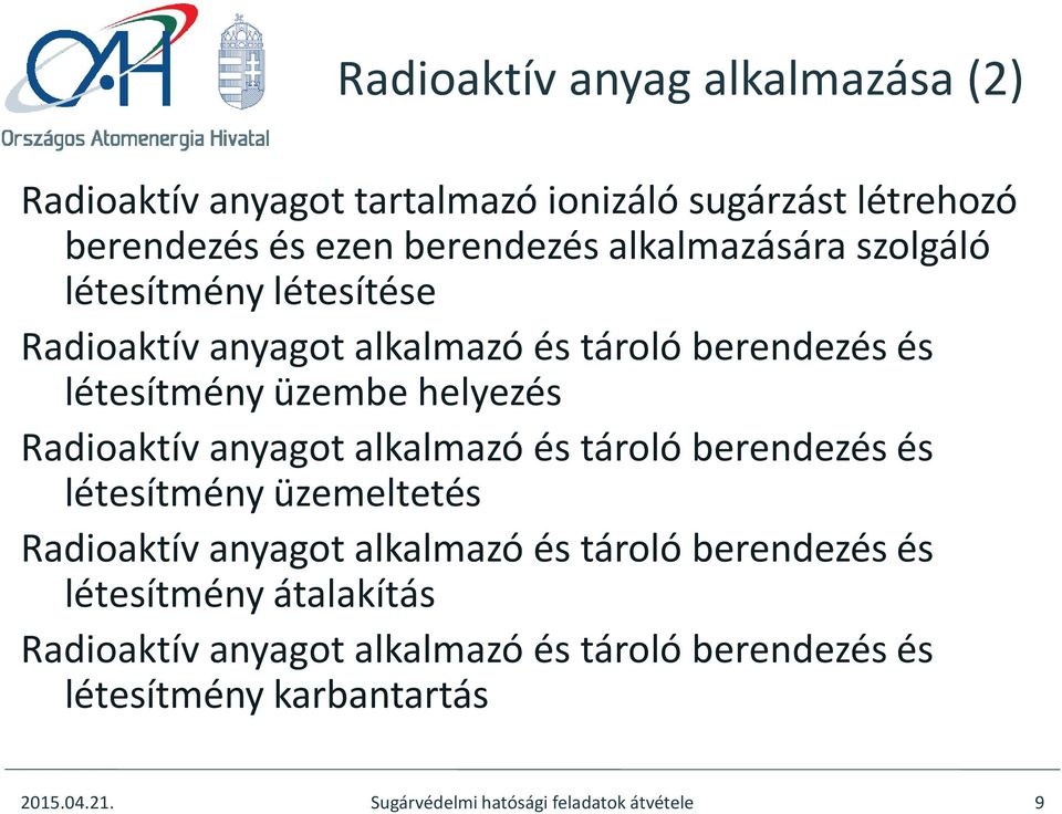 Radioaktív anyagot alkalmazó és tároló berendezés és létesítmény üzemeltetés Radioaktív anyagot alkalmazó és tároló berendezés és