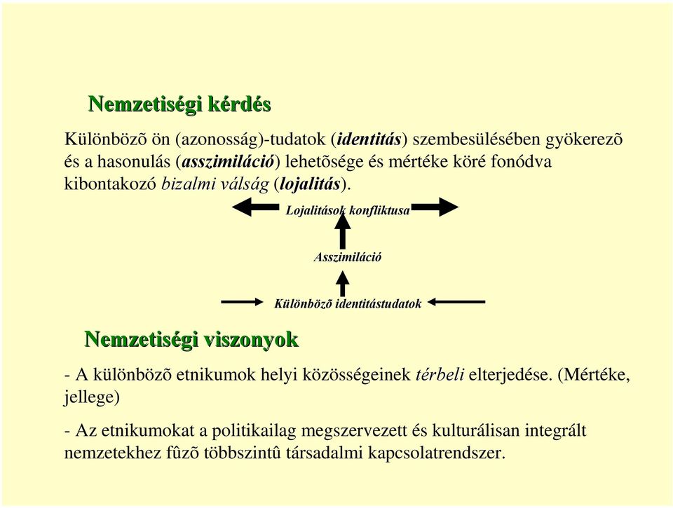 Lojalitások konfliktusa Asszimiláci ció Nemzetiségi viszonyok Különbözõ identitástudatok - A különbözõ etnikumok helyi