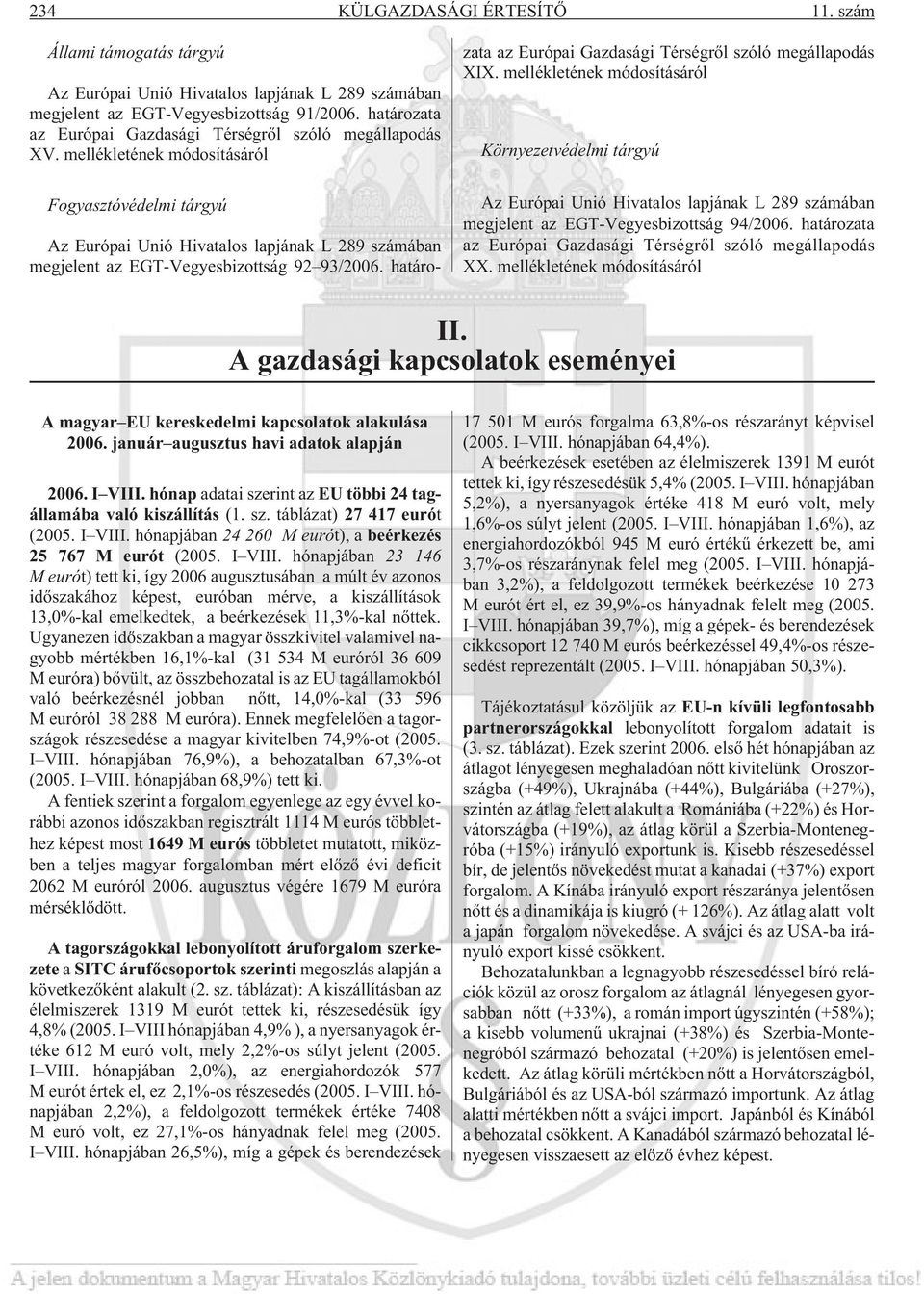 mellékletének módosításáról Környezetvédelmi tárgyú megjelent az EGT-Vegyesbizottság 94/2006. határozata az Európai Gazdasági Térségrõl szóló megállapodás XX. mellékletének módosításáról II.