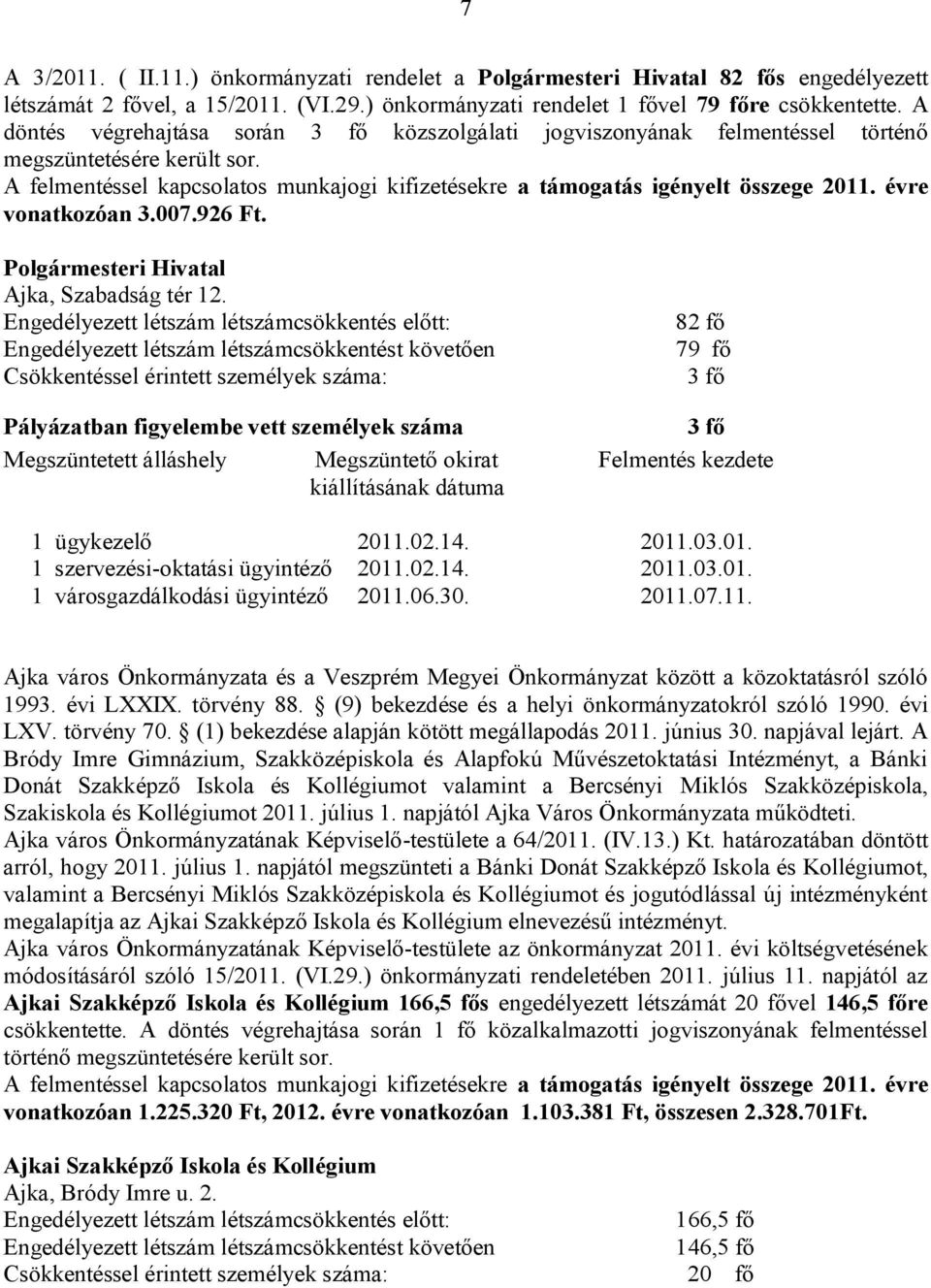 Engedélyezett létszám létszámcsökkentést követően 82 fő 79 fő 3 fő Pályázatban figyelembe vett személyek száma 3 fő 1 ügykezelő 2011.02.14. 2011.03.01. 1 szervezési-oktatási ügyintéző 2011.02.14. 2011.03.01. 1 városgazdálkodási ügyintéző 2011.