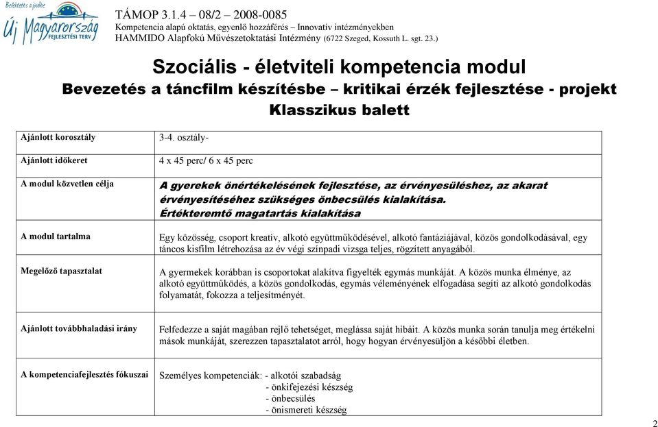 Értékteremtő magatartás kialakítása Egy közösség, csoport kreatív, alkotó együttműködésével, alkotó fantáziájával, közös gondolkodásával, egy táncos kisfilm létrehozása az év végi színpadi vizsga