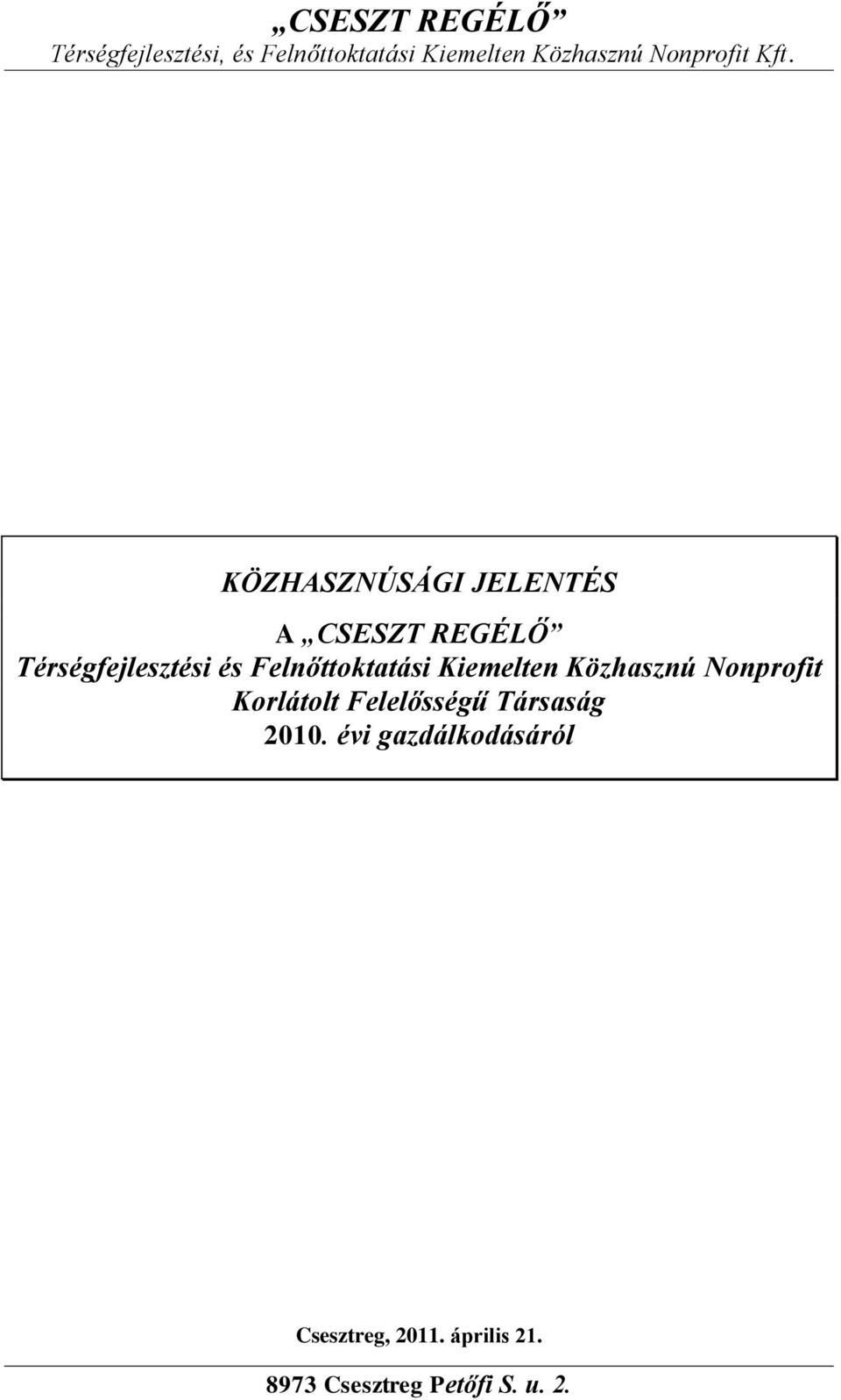 Közhasznú Nonprofit Korlátolt Felelősségű Társaság 2010.