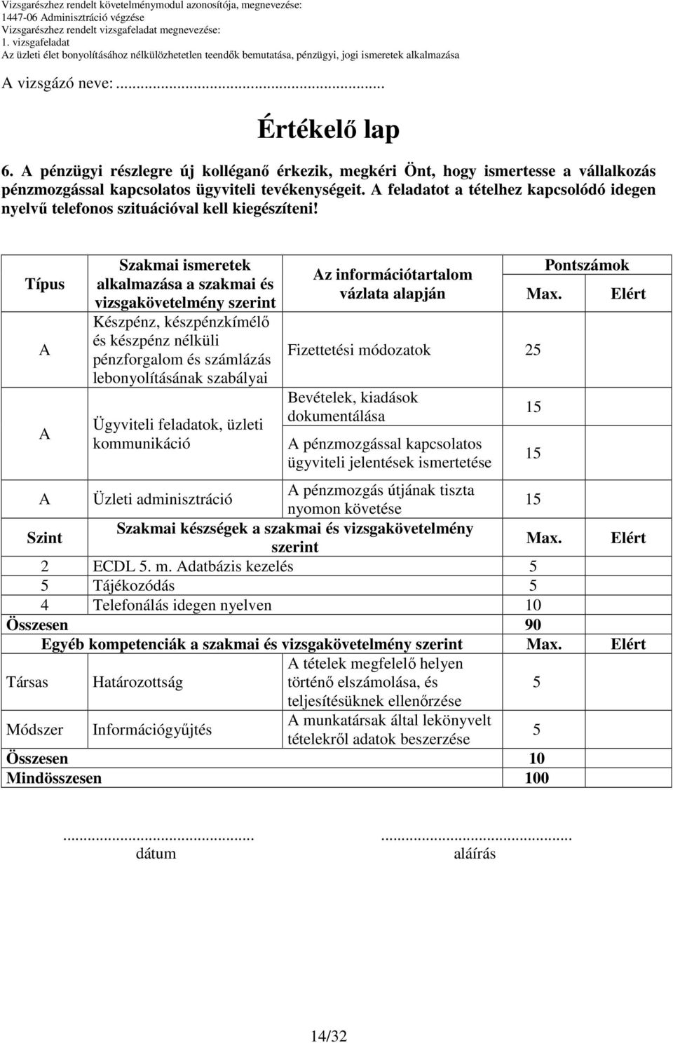 Típus A A Szakmai ismeretek alkalmazása a szakmai és vizsgakövetelmény szerint Készpénz, készpénzkímélı és készpénz nélküli pénzforgalom és számlázás lebonyolításának szabályai Ügyviteli feladatok,