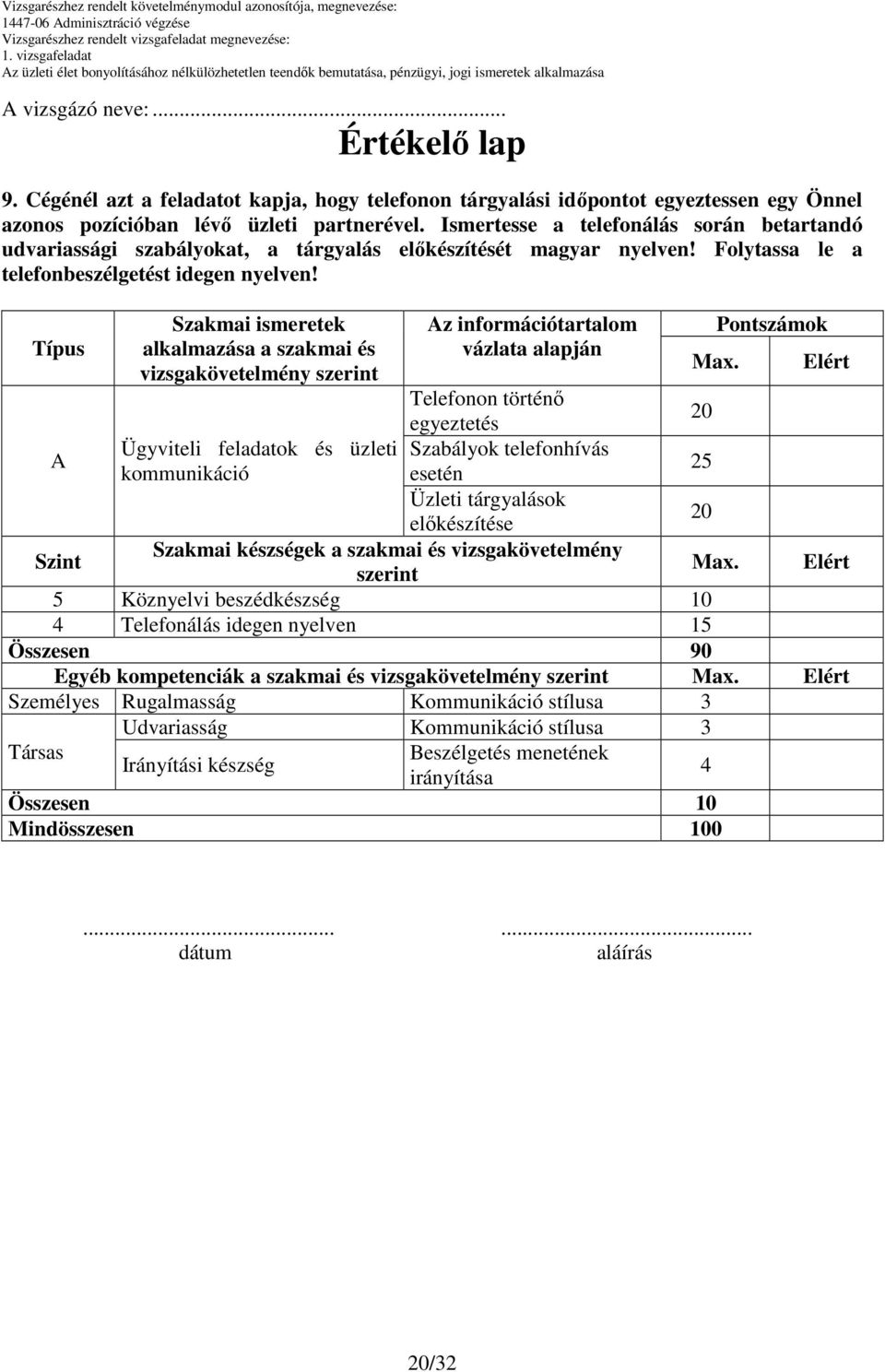 Típus Szakmai ismeretek alkalmazása a szakmai és vizsgakövetelmény szerint Az információtartalom vázlata alapján Max.