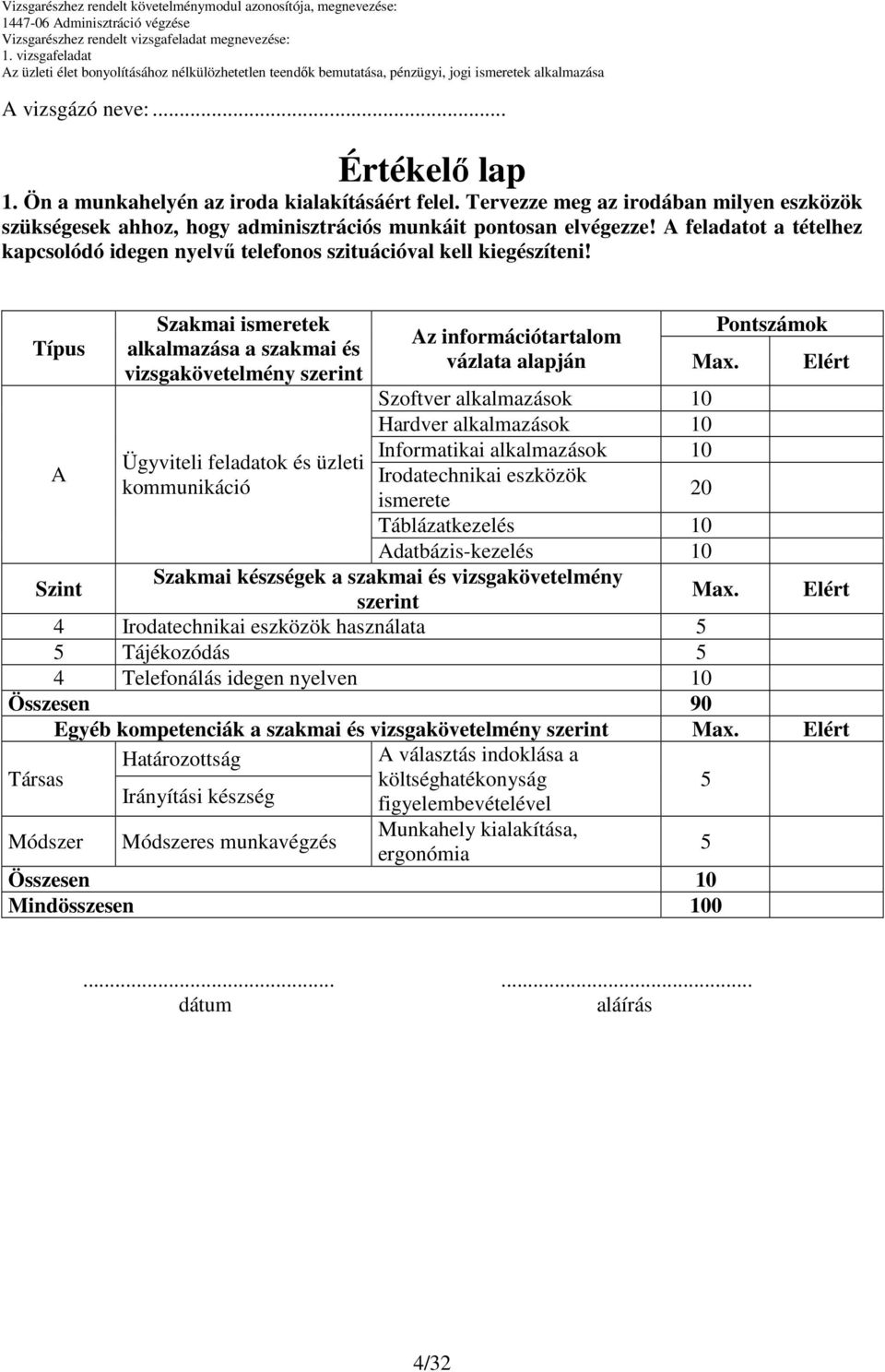 Típus A Szakmai ismeretek alkalmazása a szakmai és vizsgakövetelmény szerint Ügyviteli feladatok és üzleti kommunikáció Az információtartalom vázlata alapján Max.