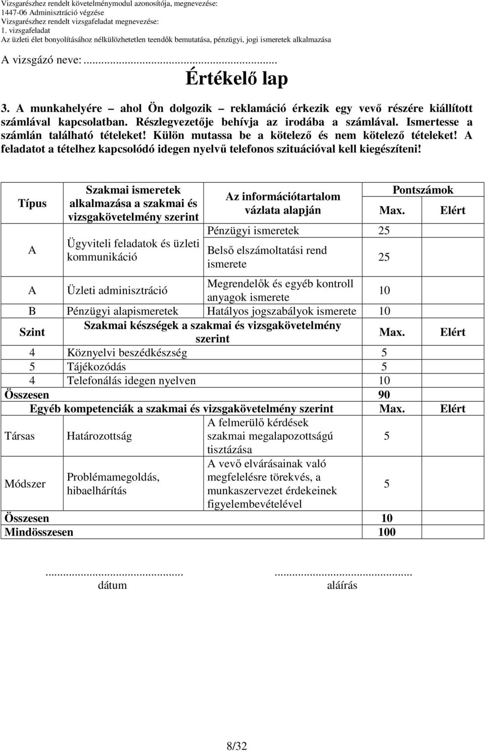 Típus A Szakmai ismeretek alkalmazása a szakmai és vizsgakövetelmény szerint Ügyviteli feladatok és üzleti kommunikáció Az információtartalom vázlata alapján Pénzügyi ismeretek 2 Belsı elszámoltatási