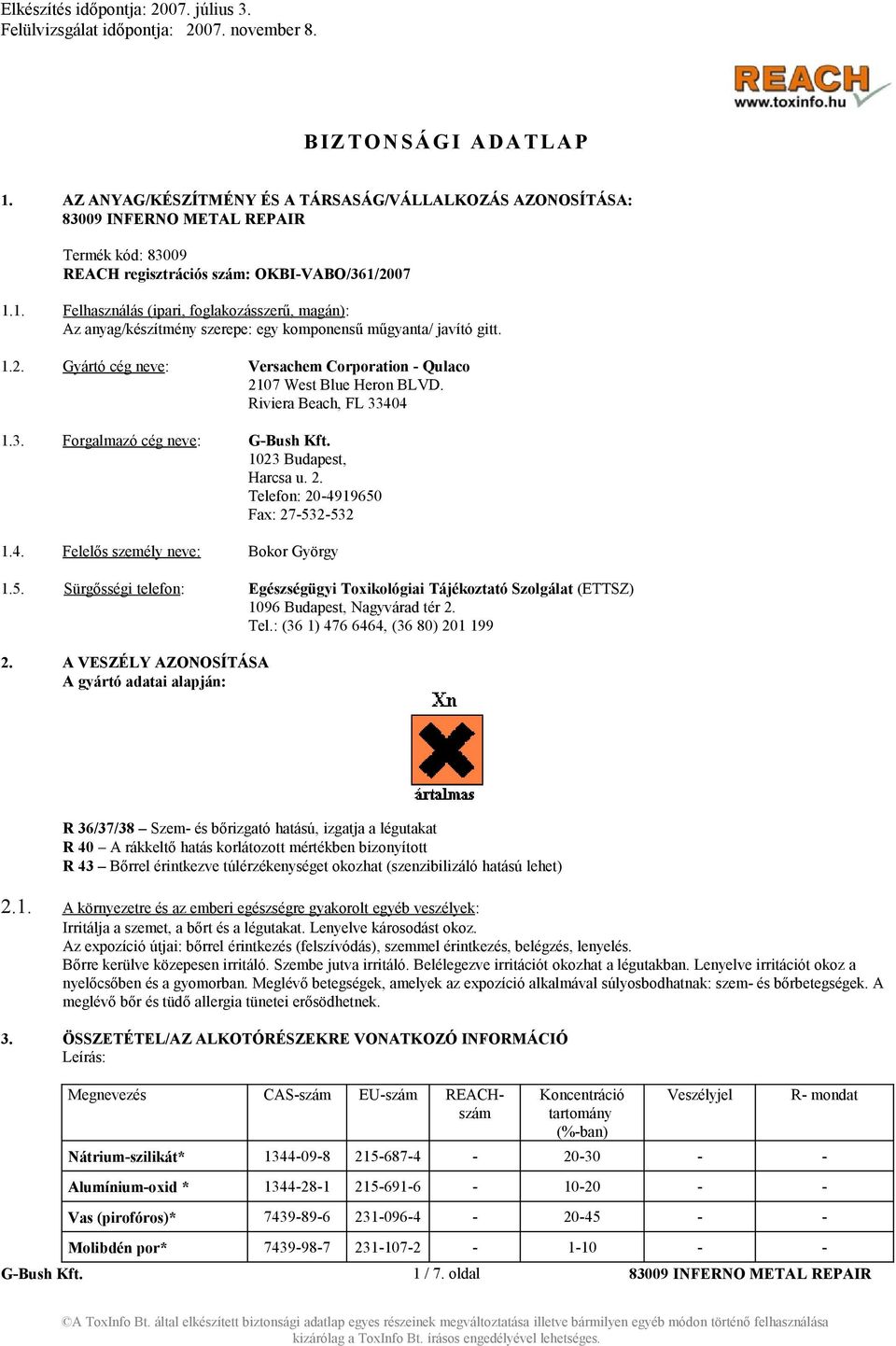 4. Felelős személy neve: Bokor György 1.5. Sürgősségi telefon: Egészségügyi Toxikológiai Tájékoztató Szolgálat (ETTSZ) 1096 Budapest, Nagyvárad tér 2. Tel.: (36 1) 476 6464, (36 80) 201 199 2.