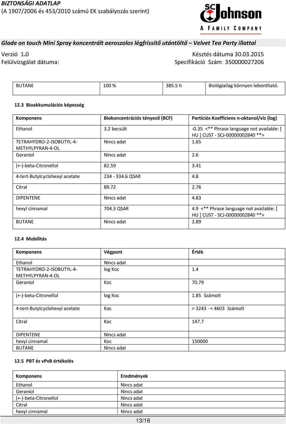 4 Mobilitás Komponens Végpont Érték Ethanol 3.2 becsült -0.35 <** Phrase language not available: [ HU ] CUST - SCJ-00000002840 **> TETRAHYDRO-2-ISOBUTYL-4-1.65 METHYLPYRAN-4-OL Geraniol 2.
