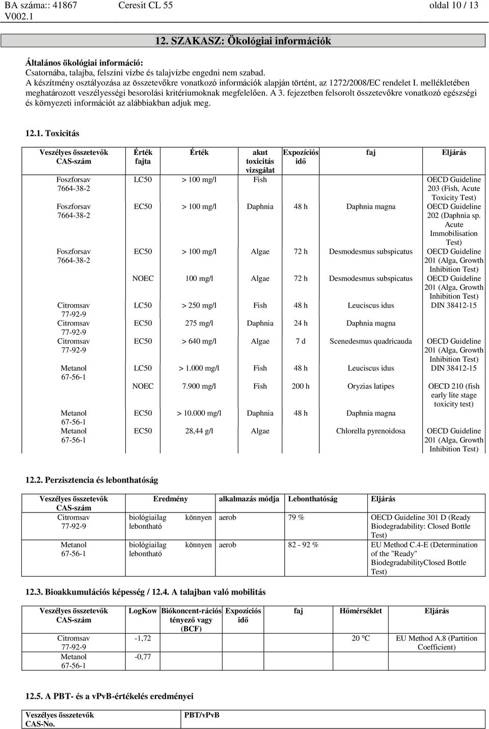 fejezetben felsorolt összetevőkre vonatkozó egészségi és környezeti információt az alábbiakban adjuk meg. 12