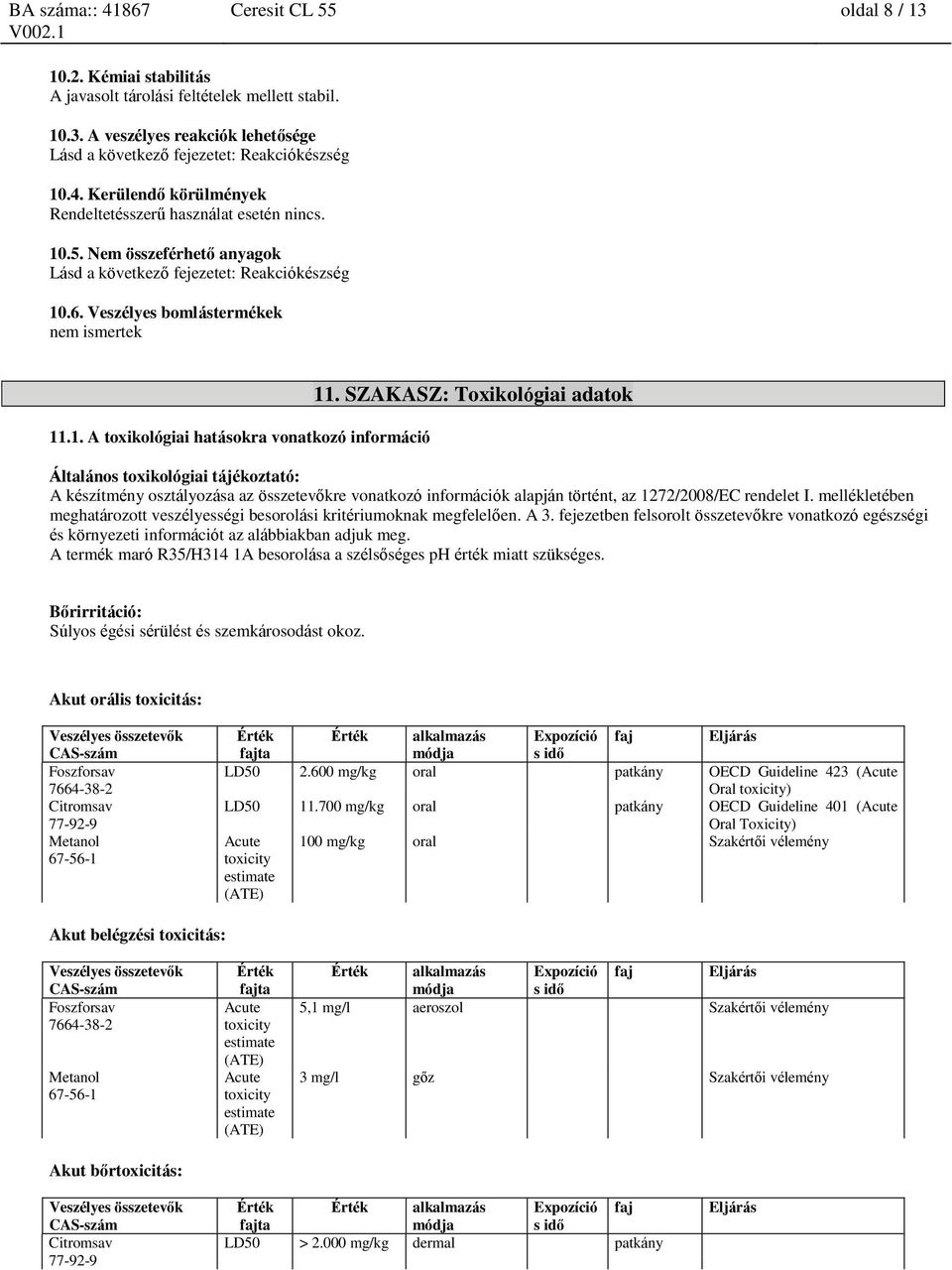 SZAKASZ: Toxikológiai adatok Általános toxikológiai tájékoztató: A készítmény osztályozása az összetevőkre vonatkozó információk alapján történt, az 1272/2008/EC rendelet I.