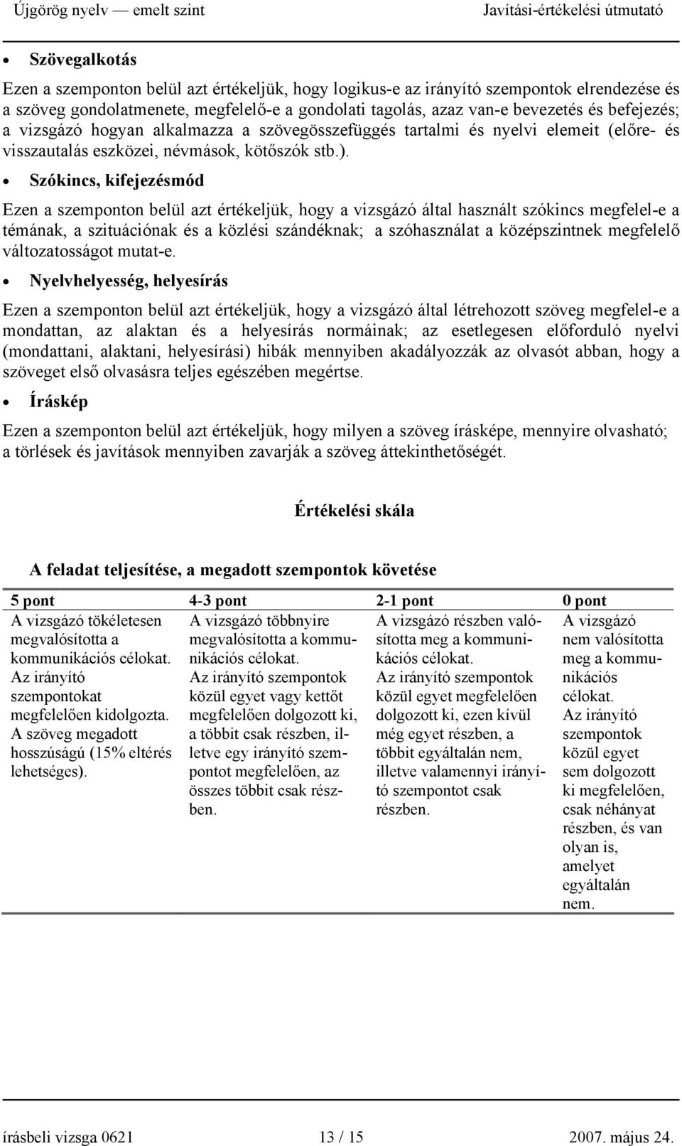 Szókincs, kifejezésmód Ezen a szemponton belül azt értékeljük, hogy a vizsgázó által használt szókincs megfelel-e a témának, a szituációnak és a közlési szándéknak; a szóhasználat a középszintnek