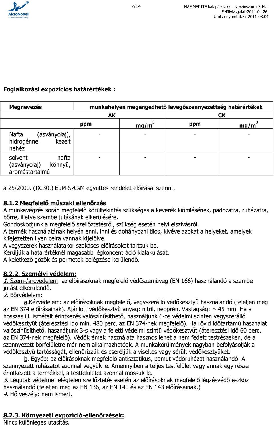 határértékek ÁK CK ppm mg/m 3 ppm mg/m 3 - - - - - - - - a 25/2000. (IX.30.) EüM-SzCsM együttes rendelet előírásai szerint. 8.1.