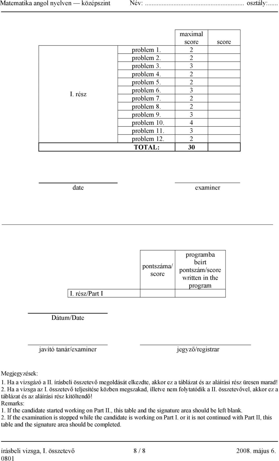 Ha a vizsgázó a II. írásbeli összetevő megoldását elkezdte, akkor ez a táblázat és az aláírási rész üresen marad! 2. Ha a vizsga az I.