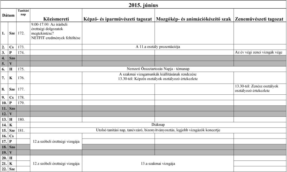 30-tól: Képzős osztályok osztályozó értekezlete 8. Sze 177. 9. Cs 178. 10. P 179. 11. Szo 12. V 13. H 180. 14. K Diák 15. Sze 181.