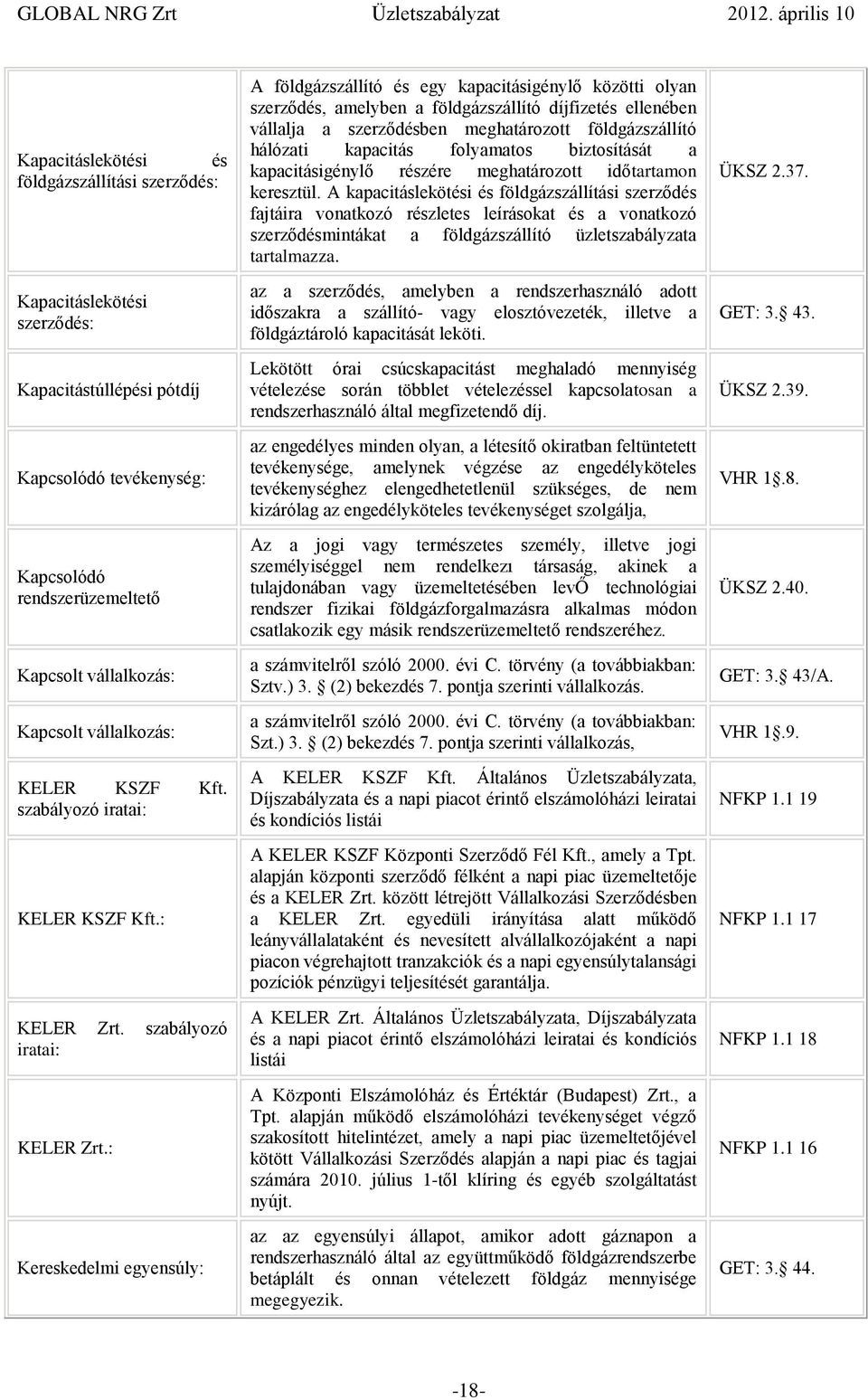 : Kereskedelmi egyensúly: A földgázszállító és egy kapacitásigénylő közötti olyan szerződés, amelyben a földgázszállító díjfizetés ellenében vállalja a szerződésben meghatározott földgázszállító