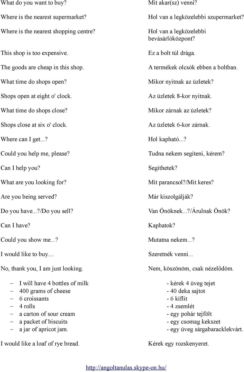 Do you have...?/do you sell? Can I have? Could you show me...? I would like to buy... No, thank you, I am just looking. Mit akar(sz) venni? Hol van a legközelebbi szupermarket?