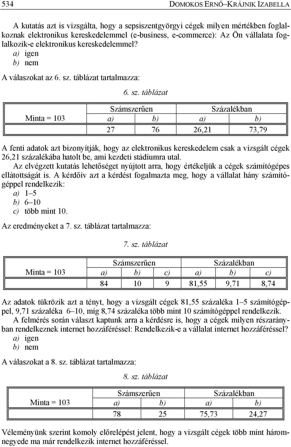 táblázat tartalmazza: 6. sz. táblázat 27 76 26,21 73,79 A fenti adatok azt bizonyítják, hogy az elektronikus kereskedelem csak a vizsgált cégek 26,21 százalékába hatolt be, ami kezdeti stádiumra utal.