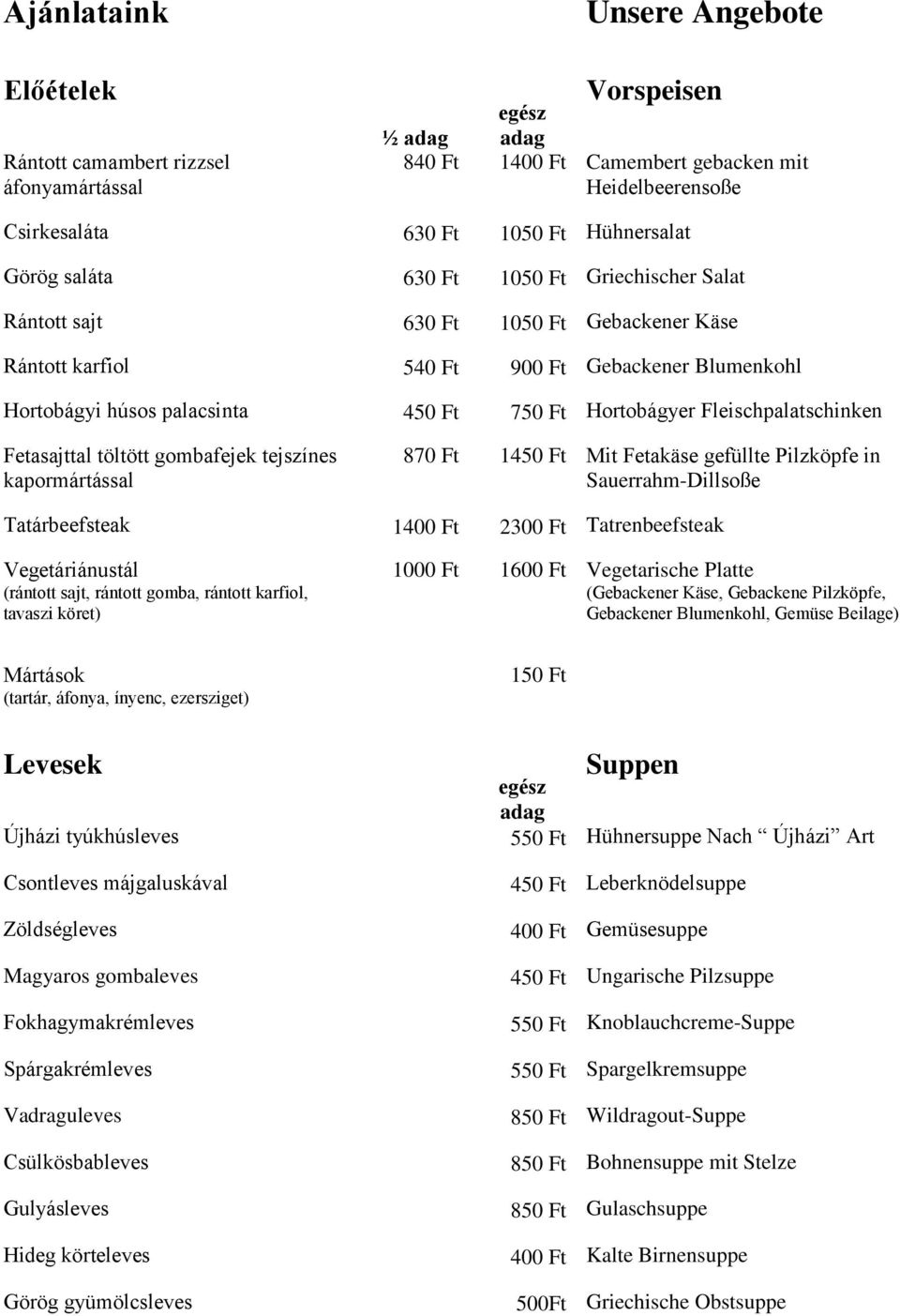 Fleischpalatschinken Fetasajttal töltött gombafejek tejszínes kapormártással 870 Ft 1450 Ft Mit Fetakäse gefüllte Pilzköpfe in Sauerrahm-Dillsoße Tatárbeefsteak 1400 Ft 2300 Ft Tatrenbeefsteak