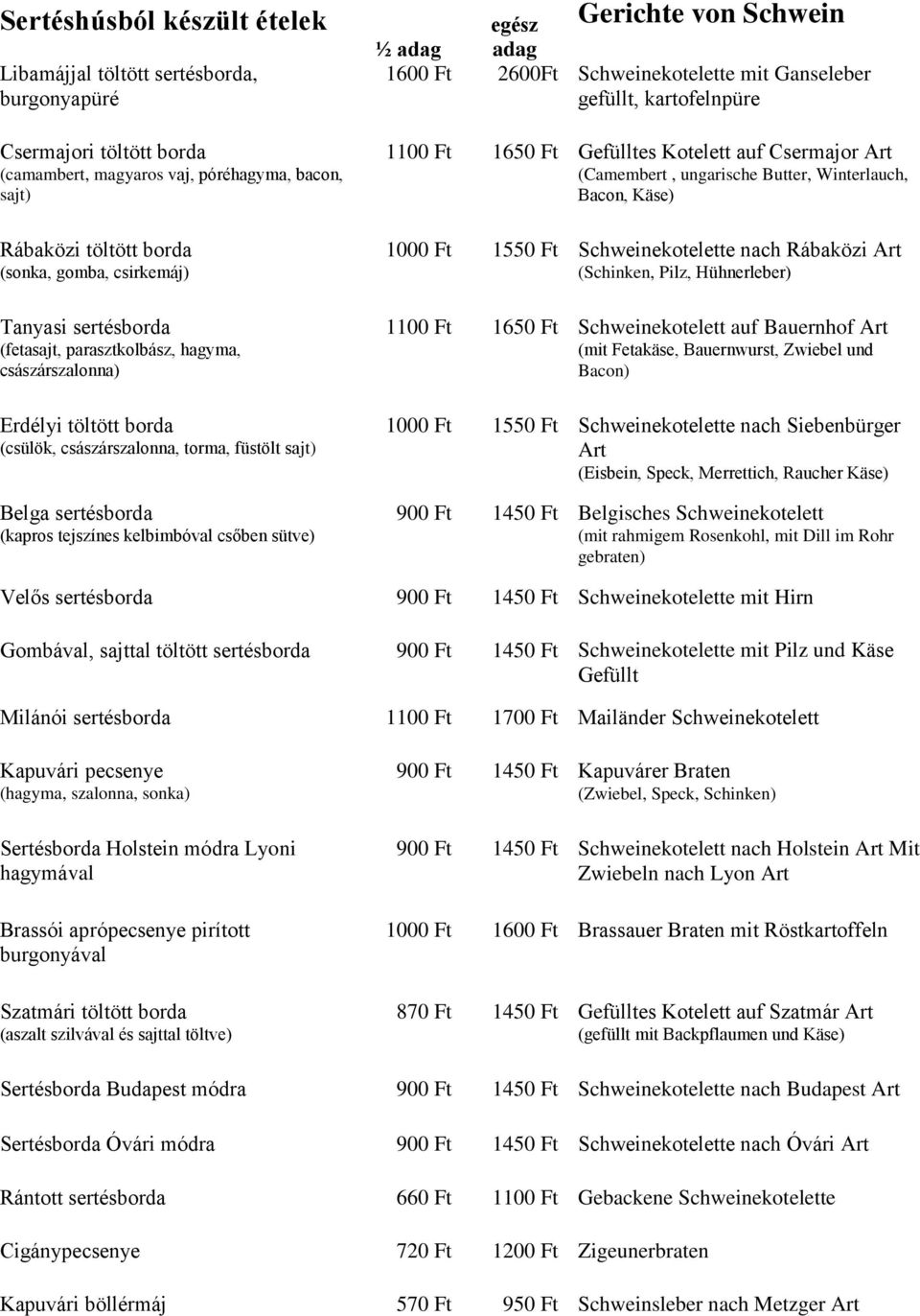 sütve) Gerichte von Schwein 1600 Ft 2600Ft Schweinekotelette mit Ganseleber gefüllt, kartofelnpüre 1100 Ft 1650 Ft Gefülltes Kotelett auf Csermajor Art (Camembert, ungarische Butter, Winterlauch,