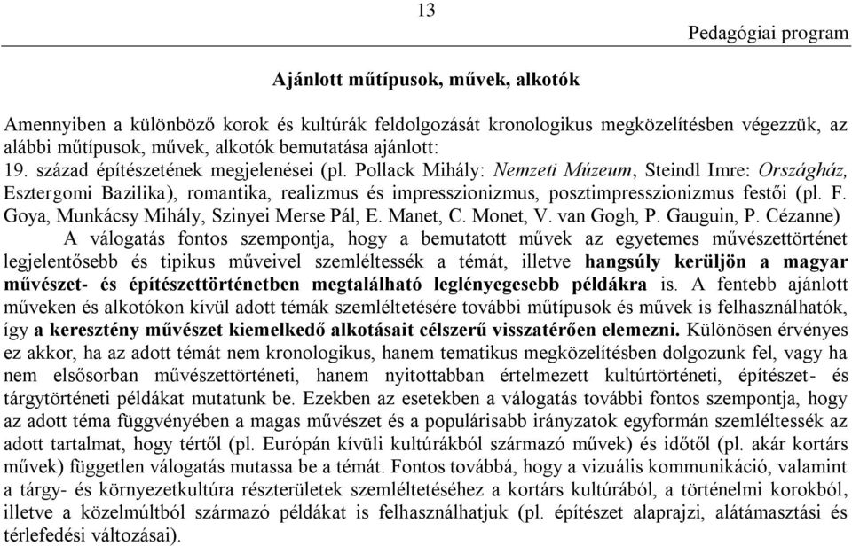 Goya, Munkácsy Mihály, Szinyei Merse Pál, E. Manet, C. Monet, V. van Gogh, P. Gauguin, P.