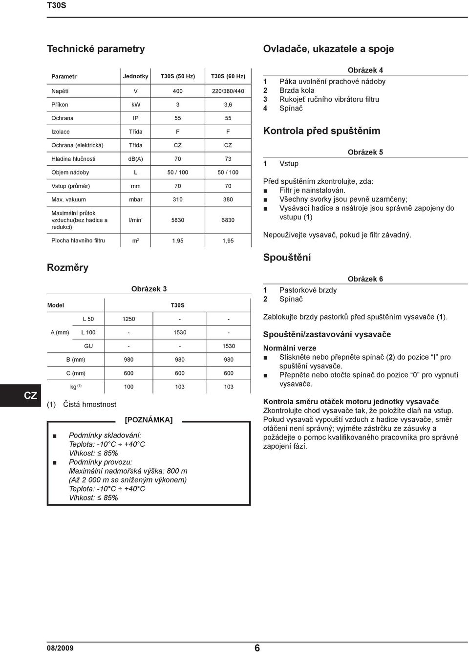 vakuum mbar 0 80 Maximální průtok vzduchu(bez hadice a redukcí) l/min 580 680 Plocha hlavního fi ltru m,95,95 Rozměry Model A (mm) () Obrázek T0S L 50 50 - - L 00-50 - GU - - 50 B (mm) 980 980 980 C