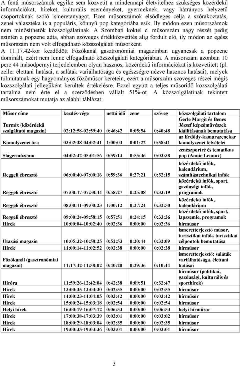 A Szombati koktél c. műsorszám nagy részét pedig szintén a popzene adta, abban szöveges értékközvetítés alig fordult elő, ily módon az egész műsorszám nem volt elfogadható közszolgálati műsorként.