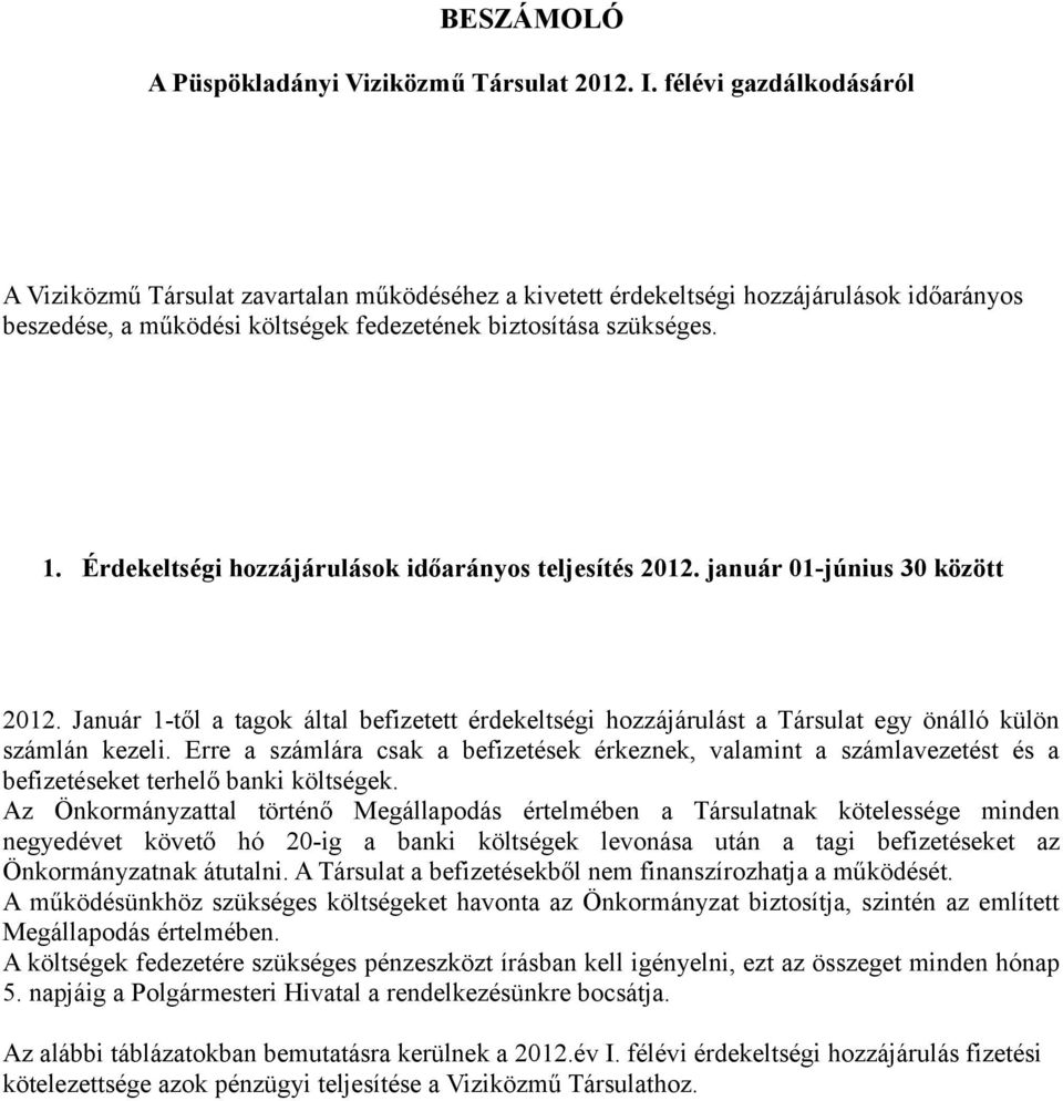 Érdekeltségi hozzájárulások időarányos teljesítés 2012. január 01-június 30 között 2012. Január 1-től a tagok által befizetett érdekeltségi hozzájárulást a Társulat egy önálló külön számlán kezeli.