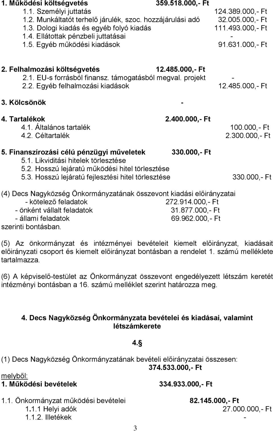 projekt - 2.2. Egyéb felhalmozási kiadások 12.485.000,- Ft 3. Kölcsönök - 4. Tartalékok 2.400.000,- Ft 4.1. Általános tartalék 100.000,- Ft 4.2. Céltartalék 2.300.000,- Ft 5.