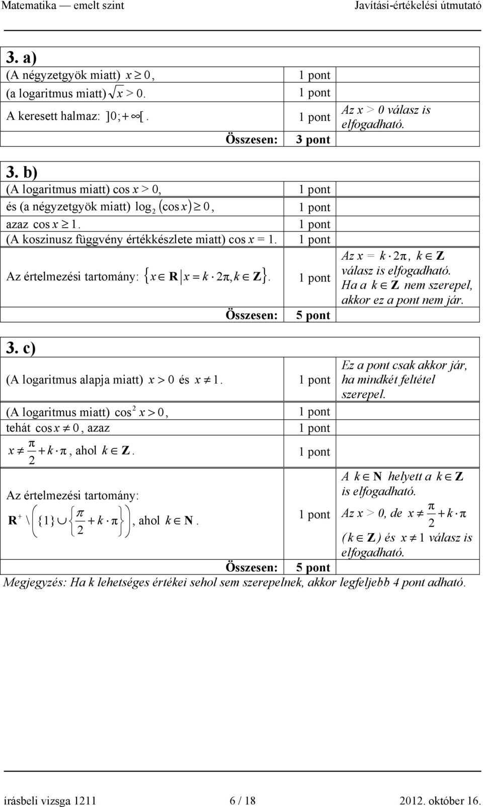 Ha a k Z nem szerepel, akkor ez a pont nem jár. 3. c) (A logaritmus alapja miatt) x > 0 és x 1. Ez a pont csak akkor jár, ha mindkét feltétel szerepel.