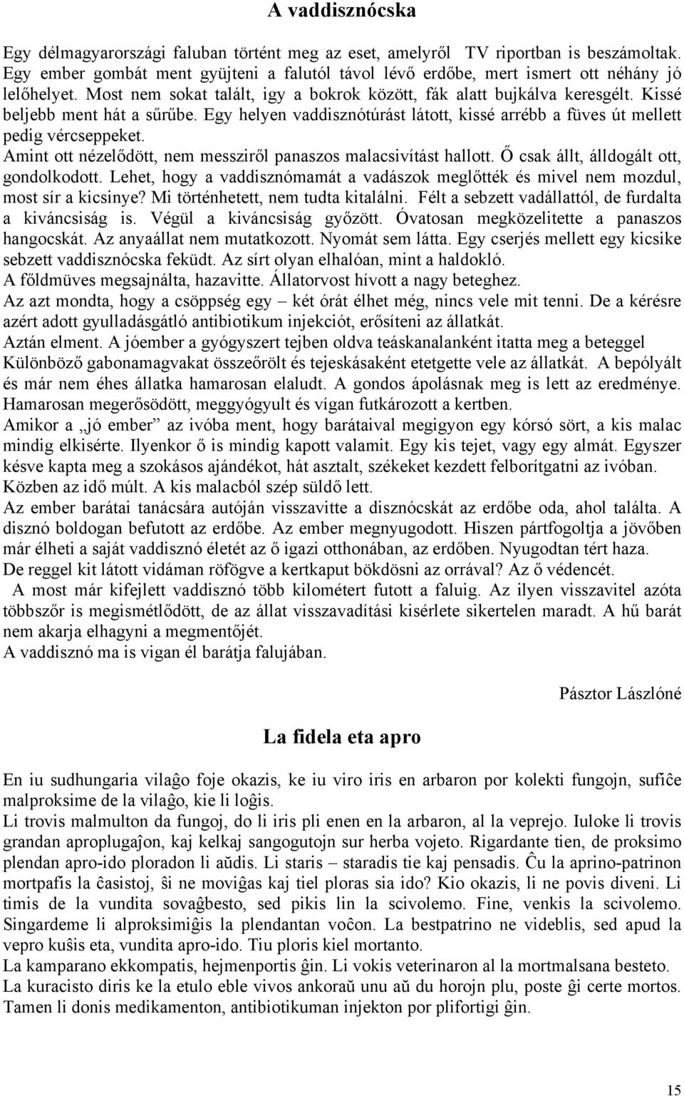 Kissé beljebb ment hát a sűrűbe. Egy helyen vaddisznótúrást látott, kissé arrébb a füves út mellett pedig vércseppeket. Amint ott nézelődött, nem messziről panaszos malacsivítást hallott.