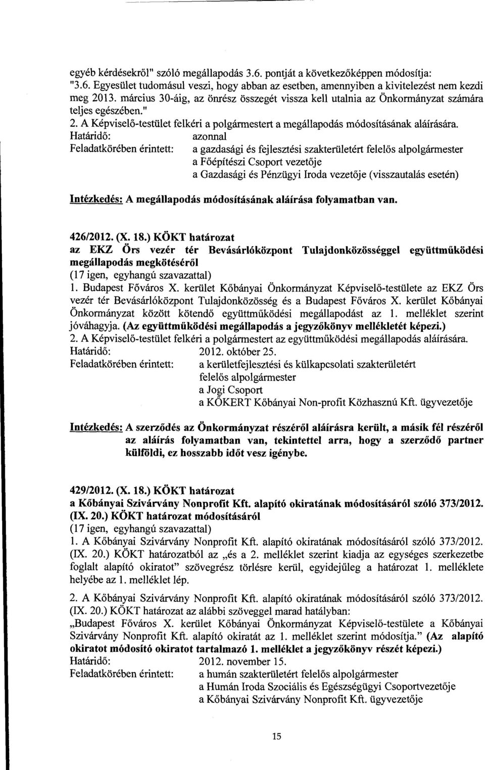 azonnal a gazdasági és fejlesztési szakterületért felelős alpolgármester a Főépítészi Csoport vezetője (visszautalás esetén) Intézkedés: A megállapodás módosításának aláírása folyamatban van.
