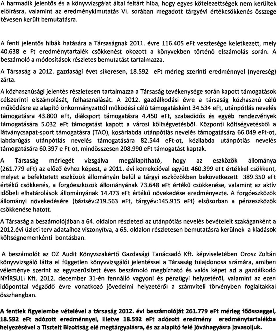 638 e Ft eredménytartalék csökkenést okozott a könyvekben történő elszámolás során. A beszámoló a módosítások részletes bemutatást tartalmazza. A Társaság a 2012. gazdasági évet sikeresen, 18.