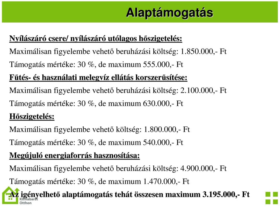 000,- Ft Támogatás mértéke: 30 %, de maximum 630.000,- Ft Hszigetelés: s: Maximálisan figyelembe vehet költség: 1.800.000,- Ft Támogatás mértéke: 30 %, de maximum 540.