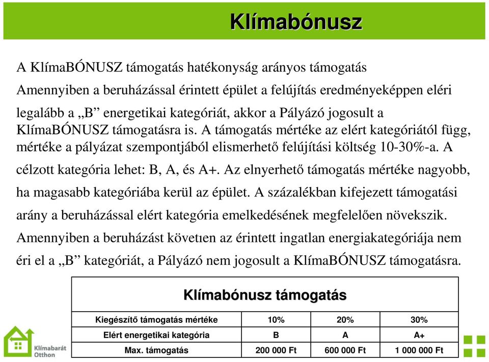 Az elnyerhet támogatás mértéke nagyobb, ha magasabb kategóriába kerül az épület. A százalékban kifejezett támogatási arány a beruházással elért kategória emelkedésének megfelelen növekszik.