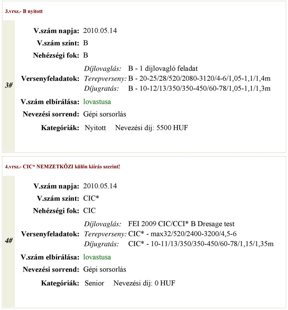 20-25/28/520/2080-3120/4-6/1,05-1,1/1,4m Díjugratás: B - 10-12/13/350/350-450/60-78/1,05-1,1/1,3m Nevezési díj: 5500 HUF 4.vrsz.