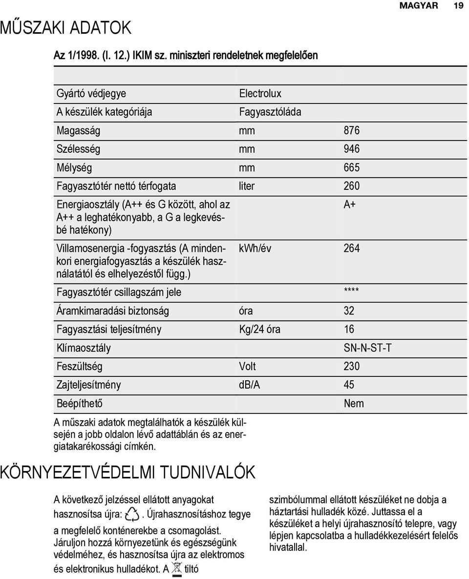 Energiaosztály (A++ és G között, ahol az A+ A++ a leghatékonyabb, a G a legkevésbé hatékony) Villamosenergia -fogyasztás (A mindenkori kwh/év 264 energiafogyasztás a készülék hasz nálatától és
