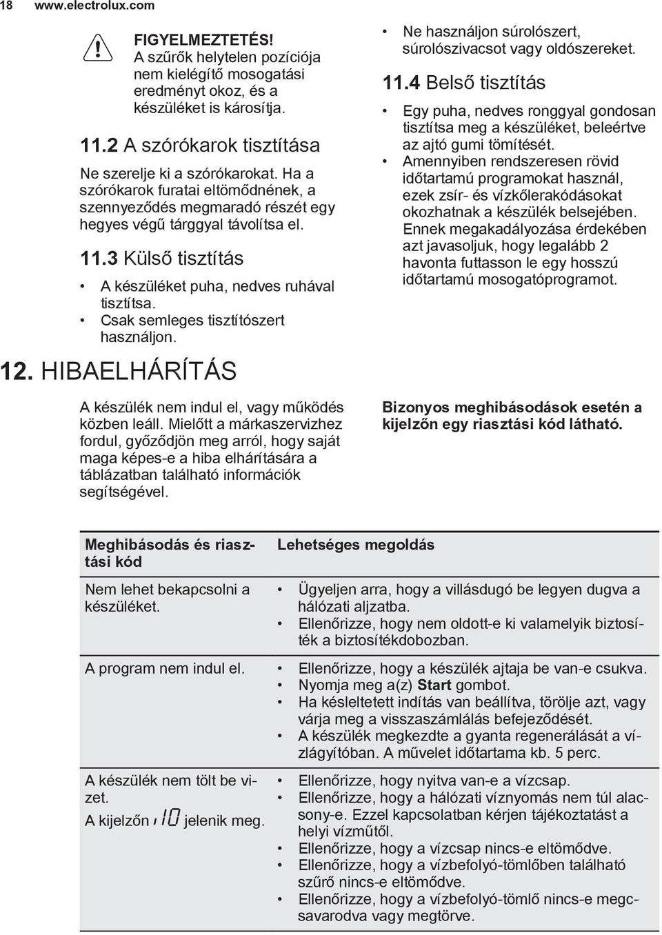 Csak semleges tisztítószert használjon. 12. HIBAELHÁRÍTÁS A készülék nem indul el, vagy működés közben leáll.