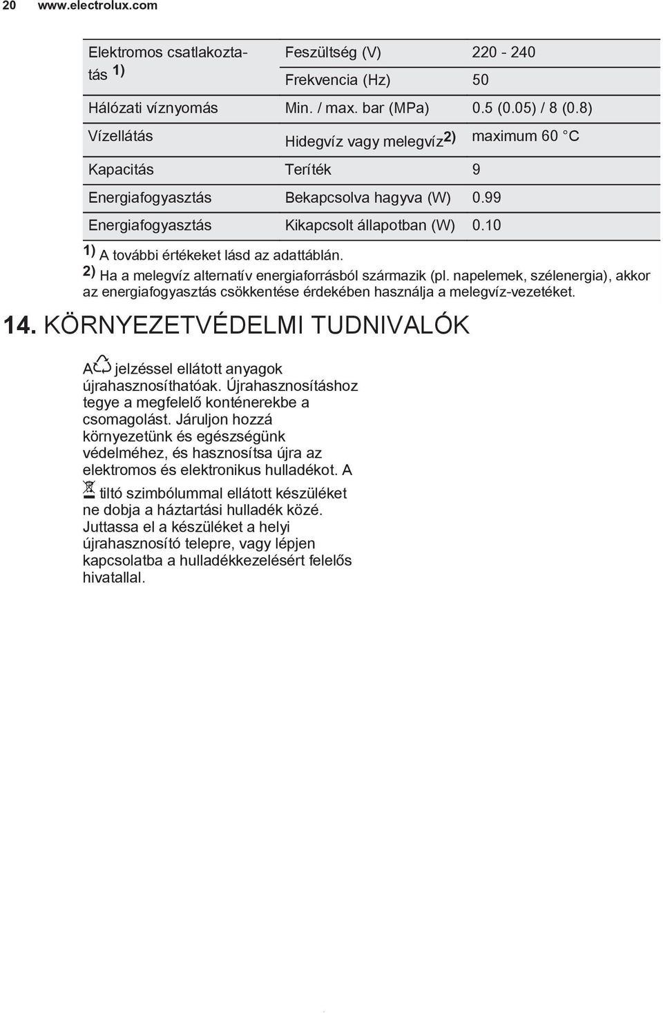 10 1) A további értékeket lásd az adattáblán. 2) Ha a melegvíz alternatív energiaforrásból származik (pl.