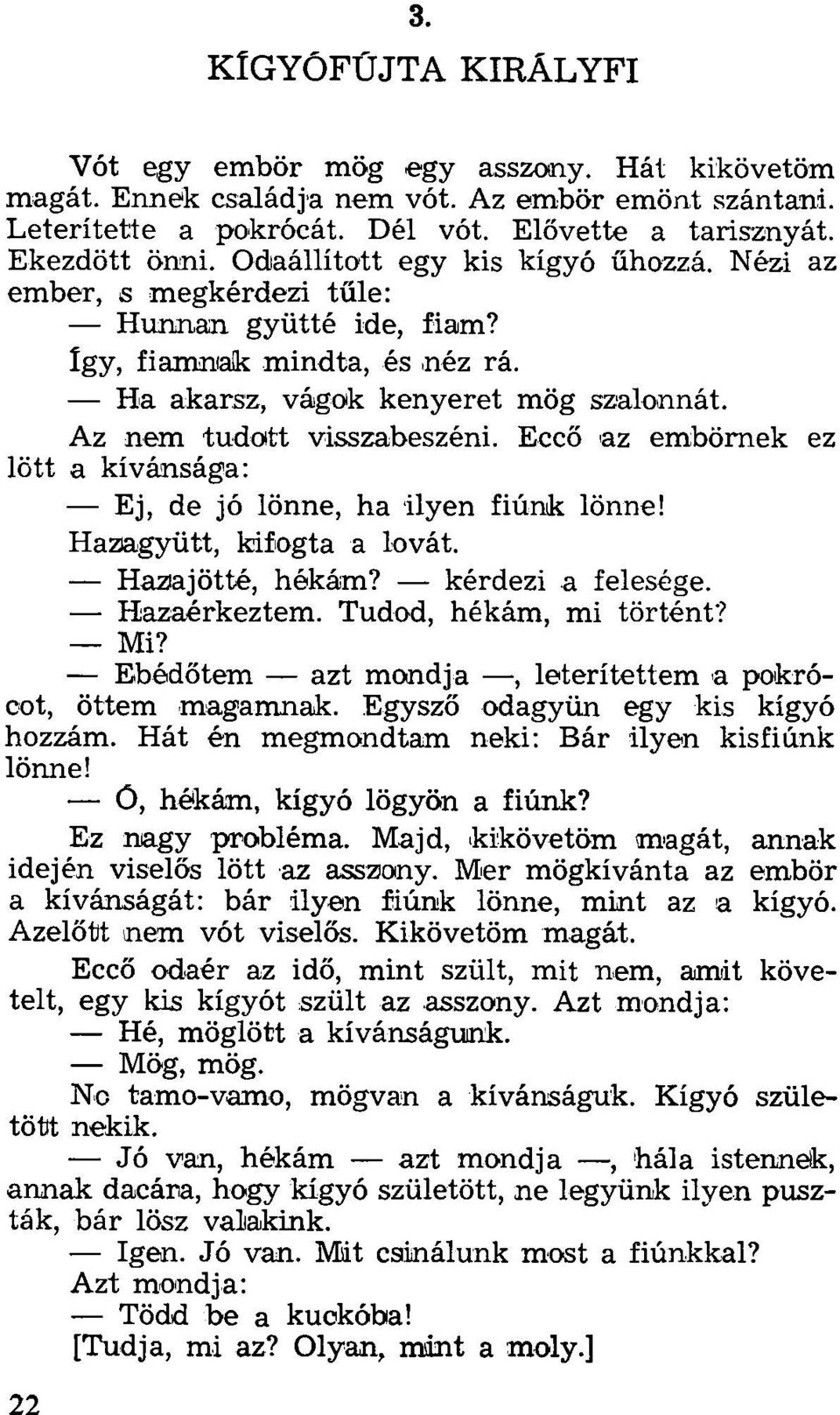 Eccő az embörnek ez lött a kívánsága: Ej, de jó lönne, ha ilyen fiúnk lönne! Hazagyütt, kifogta a lovát. Hazajötte, hékám? kérdezi a felesége. Hazaérkeztem. Tudod, hékám, mi történt? Mi?