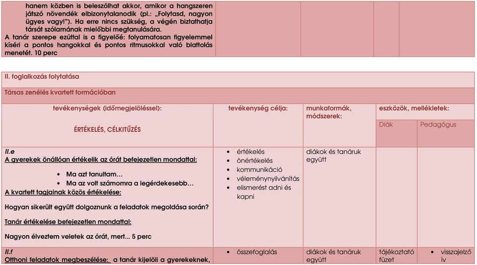A tanár szerepe ezúttal is a figyelıé: folyamatosan figyelemmel kíséri a pontos hangokkal és pontos ritmusokkal való blattolás menetét. 10 perc II.