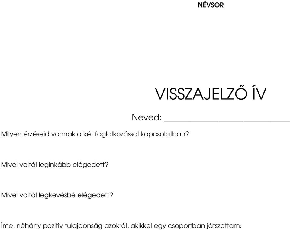 VISSZAJELZİ ÍV Neved: Mivel voltál leginkább elégedett?