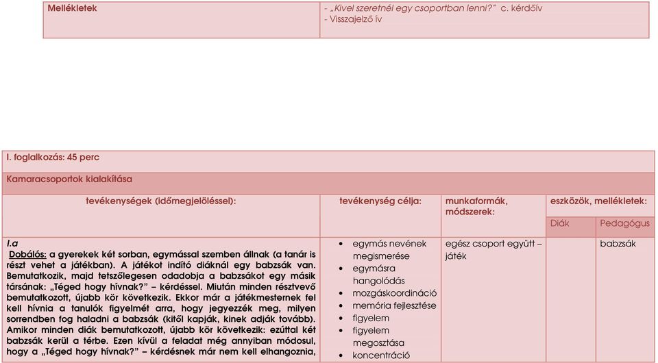 a Dobálós: a gyerekek két sorban, egymással szemben állnak (a tanár is részt vehet a játékban). A játékot indító diáknál egy babzsák van.