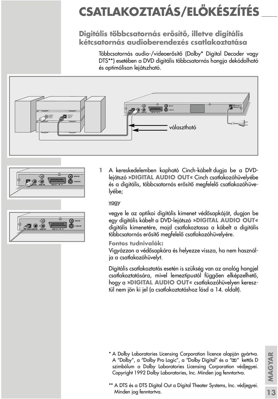 100-240 V~ DIGITAL AUDIO INPUT OPTICAL DIGITAL INPUT választható L R DIGITAL AUDIO OUT AUDIO OUT EURO AV TV L R DIGITAL AUDIO OUT AUDIO OUT EURO AV TV VIDEO OUT S VIDEO OUT VIDEO OUT S VIDEO OUT 1 A