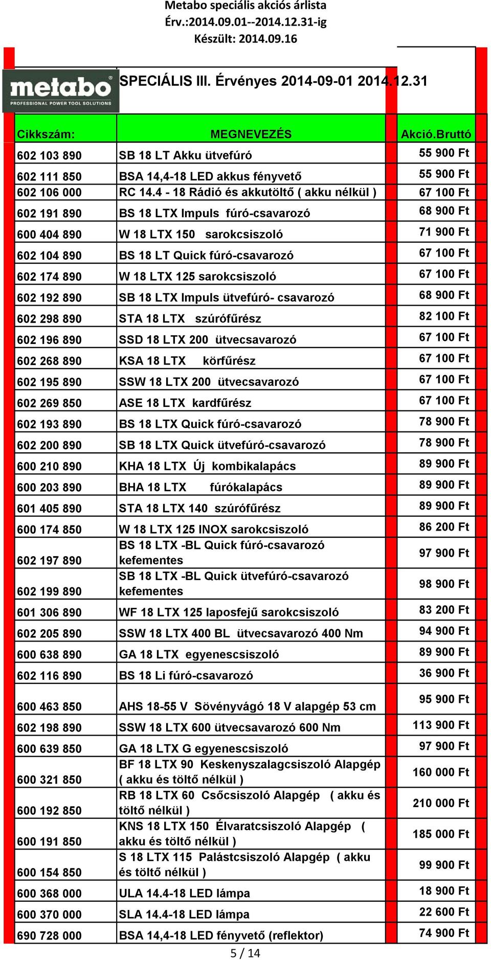 100 Ft 602 174 890 W 18 LTX 125 sarokcsiszoló 67 100 Ft 602 192 890 SB 18 LTX Impuls ütvefúró- csavarozó 68 900 Ft 602 298 890 STA 18 LTX szúrófűrész 82 100 Ft 602 196 890 SSD 18 LTX 200