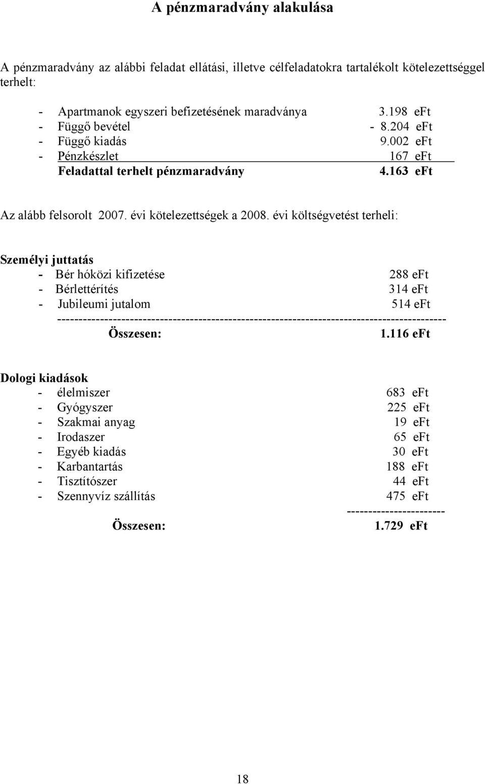 évi költségvetést terheli: Személyi juttatás - Bér hóközi kifizetése 288 eft - Bérlettérítés 314 eft - Jubileumi jutalom 514 eft