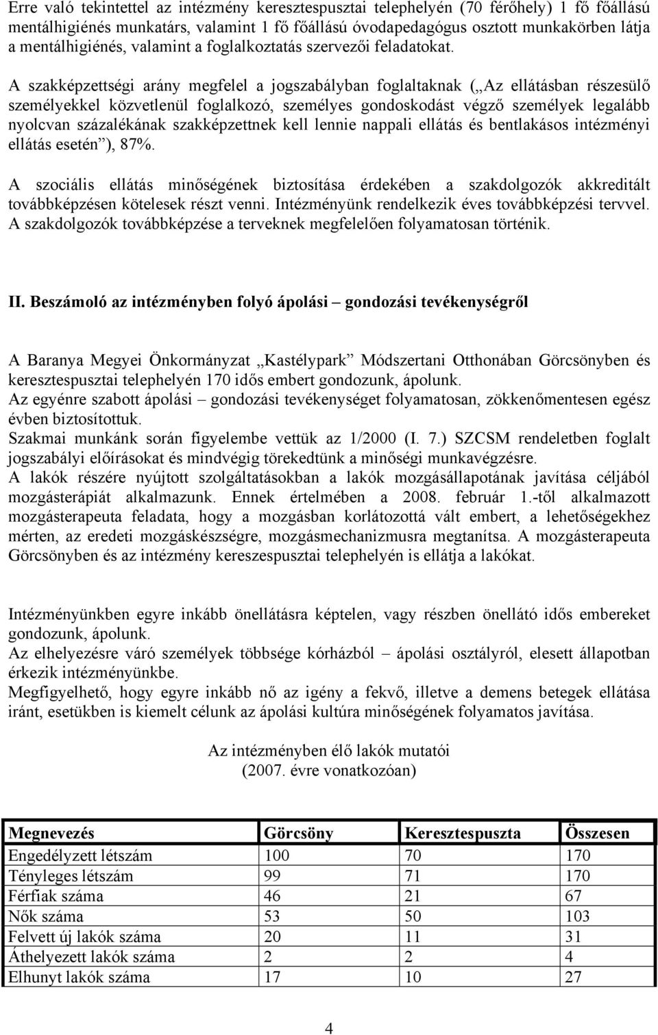 A szakképzettségi arány megfelel a jogszabályban foglaltaknak ( Az ellátásban részesülő személyekkel közvetlenül foglalkozó, személyes gondoskodást végző személyek legalább nyolcvan százalékának